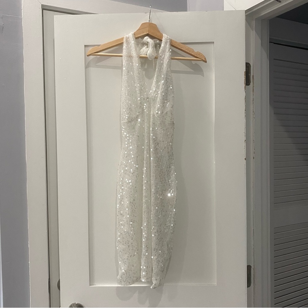 AKIRA White Sheer Sequin Halter Bodycon Dress